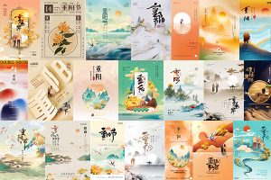 【360期】中国传统节日重阳节登高望远赏菊花秋天金色仙鹤思亲节日海报展板素材